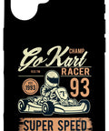 Illustrated phone case design featuring a go-kart racer with text 'Go Kart Racer' and 'Super Speed' emphasizing championship theme.