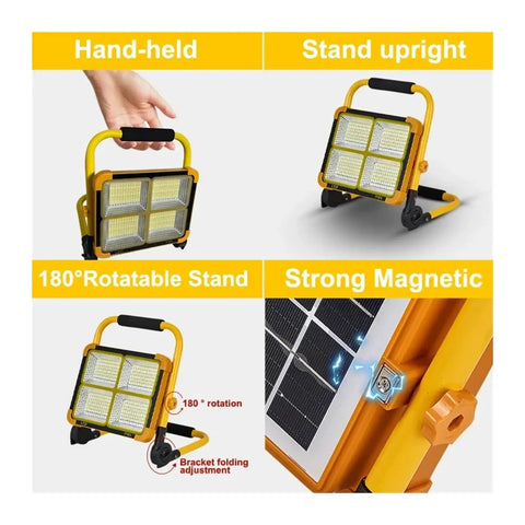 JUDYSSY 1000W Solar Flood Light Portable Led Reflector Spotlight features 180° rotatable stand and strong magnetic base for versatile use.