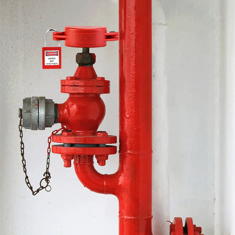 Heavy Duty Industrial Gate Valve Lockout With Steel Safety Padlock In Bold Red Finish Fully Waterproof Non Conductive Assembly Fits Standard One To Two Inch Handles Built Tough As Nails For Hella Reliable Security