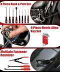 132 Piece Car Tool Kit With Drawer Portable Auto Repair Set showing hook pick set, allen keys, and fastener remover tools