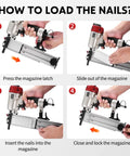 Professional Pneumatic Brad Nailer 18 Gauge Air Powered Nail Gun For Woodworking Trim Assembly Heavy Duty showing loading process with magazine steps.