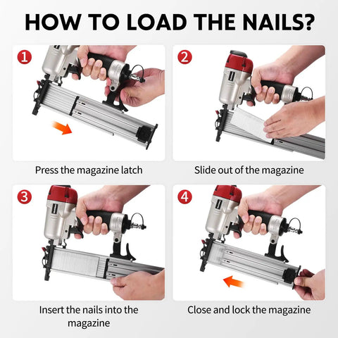 Professional Pneumatic Brad Nailer 18 Gauge Air Powered Nail Gun For Woodworking Trim Assembly Heavy Duty showing loading process with magazine steps.