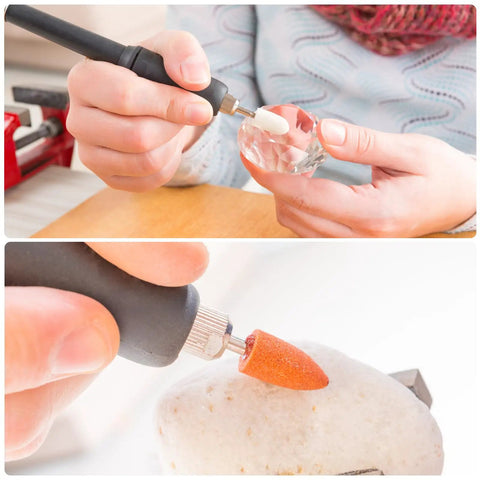 Using Pro Grade Ten Pc Rubber Polishing Bits For Rotary Tools With 600 Grit Silicone Buffing Wheels on glass and stone