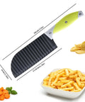 Angled front view of VRUIFA French fry cutter with lime-green non-slip handle and black crinkle blade, 28 cm long