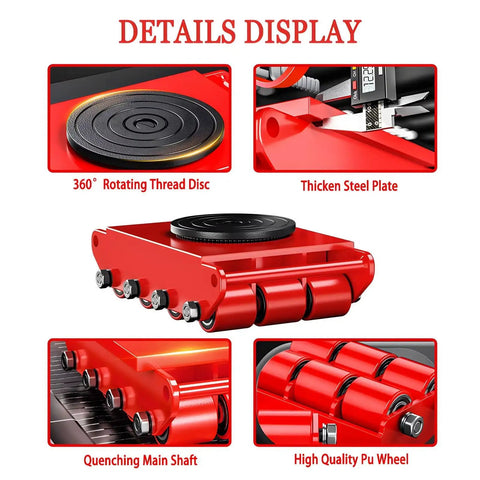 Heavy Duty Machinery Movers Set With Swivel Caps And Smooth Rolling Pu Wheels Rated To Haul 13200 Pounds shown with 360° rotating disc and PU wheels.