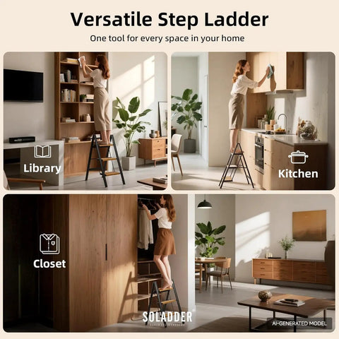Three Step Ladder With Anti Slip Pedals, Folding Step Stool In Black And Woodgrain, Lightweight Aluminum Frame, Non Slip Feet For Stable Climb, Easy Open Fold, Built To Last For Home, Garage, And DIY Projects in library and kitchen