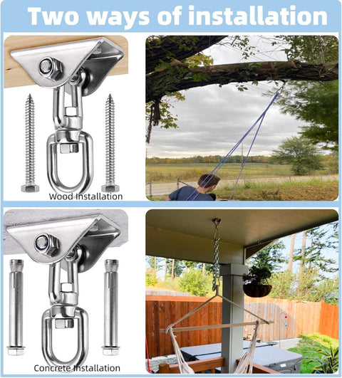 Heavy Duty 360 Degree Swing Hanger Kit installation for wood and concrete, showing stainless steel hardware and hammock application