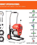 Heavy Duty 120 Foot Manual Feed Sewer Drain Auger Machine Loaded With An 1100W Motor And Premium Hardened Steel Cable product specifications, size and fittings diagram.