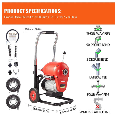 Heavy Duty 120 Foot Manual Feed Sewer Drain Auger Machine Loaded With An 1100W Motor And Premium Hardened Steel Cable product specifications, size and fittings diagram.