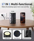 Power Strip Tower All In One Charging Station With 12 AC Outlets And 5 USB Ports Plus Night Light on a wooden table.