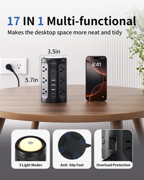Power Strip Tower All In One Charging Station With 12 AC Outlets And 5 USB Ports Plus Night Light on a wooden table.