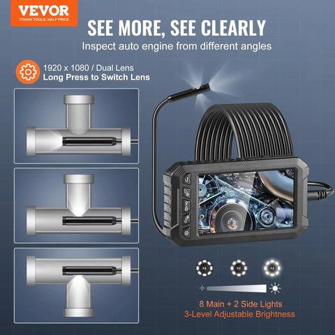 Pro Grade Endoscope Camera With Light Featuring Triple Lens For Clear Real World Inspection, 5 Inch Screen 1080P, 8 Plus 2 LED Lights With Adjustable Brightness, IP67 Waterproof Snake Camera For Automotive And Plumbing, 16.4 Foot Cable And 32GB Card, screen and dual-lens inspection view