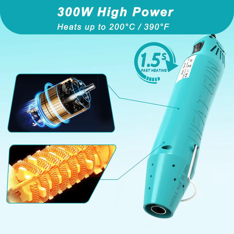 Mini 300W Heat Gun For Shrink Tubing And DIY Crafts With Reflector Nozzle A Versatile Shrink Wrap Gun Tool For Packaging PVC Drying Paint And Clay Green