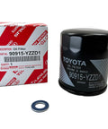 Oil Filter Kit 90915-YZZD1 With 90430-12031 Drain Plug Gasket 3 Pack For Toyota Vehicles, box and oil filter shown