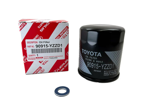 Oil Filter Kit 90915-YZZD1 With 90430-12031 Drain Plug Gasket 3 Pack For Toyota Vehicles, box and oil filter shown