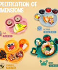 Hecka Adorable 4 Piece Silicone Toddler Suction Plate Set With Mega Grip Base Divided Animal Dishes For Babies showing dimensions and food presentation.