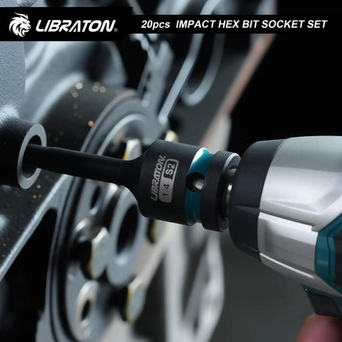 Impact Hex Bit Socket Set Half Inch Drive S2 Alloy Steel in use with power tool for automotive repair