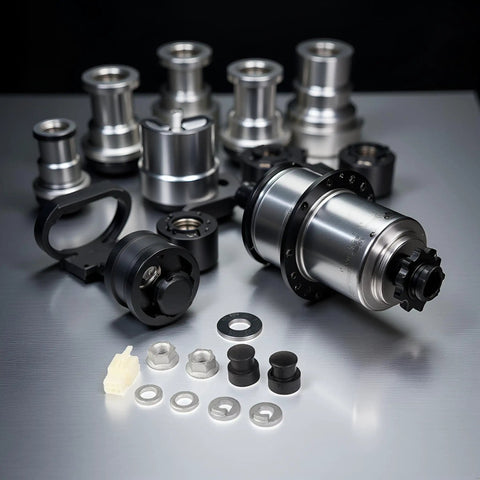 E Bike Hub Motor Axle Kit With 12mm Shaft Front Lock Nut Washer And Protective Cover, components assembled on a table.