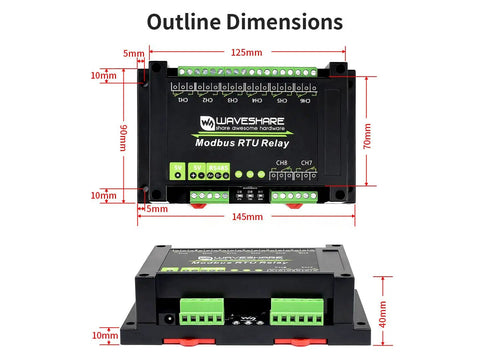 Rugged Modbus RTU 8 Channel Relay Module With RS485 Interface And ABS Enclosure, front and side view with outline dimensions.