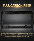 Slick Real Carbon Fiber License Plate Frame 2 Hole Slim Black Gloss Car Tag Holder Rust Proof Rattle Free Badge Mount showcasing full carbon fiber weave.