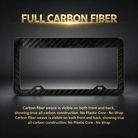 Slick Real Carbon Fiber License Plate Frame 2 Hole Slim Black Gloss Car Tag Holder Rust Proof Rattle Free Badge Mount showcasing full carbon fiber weave.