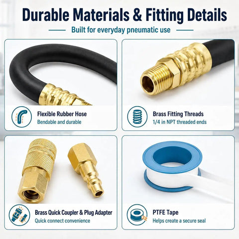 Close-up of Heavy Duty Hella Flexible Rubber Air Compressor Whip Hose Kit with brass fittings and PTFE tape.