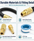 Flexible Air Compressor Whip Hose Connector Kit Compatible with Metabo HPT EC2510E Regulator and Pneumatic Tools Quick Swap Swivel Nipple Durable Rubber Tubing Easy Routing Smooth Connection Gearheads Demand This Beefy Build, showcasing flexible rubber hose and brass fittings.