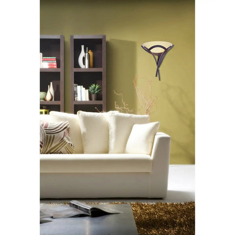 Aurora Tarnished Silver Finish Wall Sconce With White Faux Alabaster Glass on living room wall