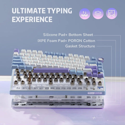 Custom 75 Percent Wired Mechanical Keyboard Featuring Gasket Mount Design Hot Swap Switches And PreLubed Linear Keys showing silicone and foam layers.