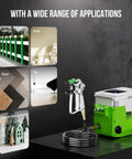 Heavy Duty 500W Cordless Airless Paint Sprayer With Dual 4000 mAh Batteries And 1.7L Tank on table showing various application types.