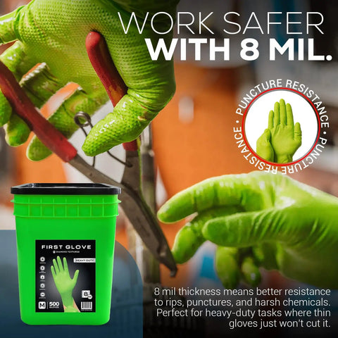 Beefy Eight Mil Green Nitrile Gloves Bulk Bucket Five Hundred Count Extra Large in use, showcasing raised diamond texture and grip.