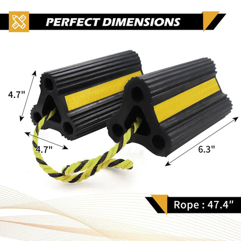 Beefy Heavy Duty Wheel Chocks For Trailers RVs Campers Trucks And Small Aircraft - Solid Rubber Block With 3 Reflective Strips shown side by side