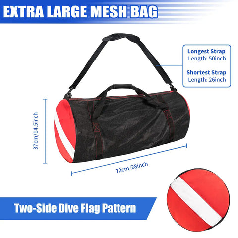 Oversized Mesh Duffle Bag For Diving And Beach Gear, Monster 100L Capacity, black with two-side dive flag pattern.