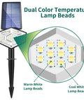 Close-up of a dual color solar powered garden light showcasing warm and cool white lamp beads, part of a set of 6 wall or ground mount.