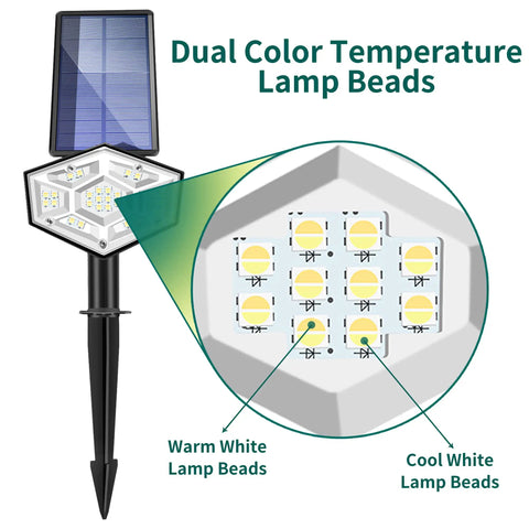 Close-up of a dual color solar powered garden light showcasing warm and cool white lamp beads, part of a set of 6 wall or ground mount.