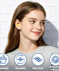 Woman wearing yellow reusable silicone ear plugs with NRR 32dB, illustrated icons for washable, reusable, ultra-soft, BPA-free