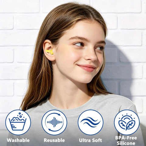 Woman wearing yellow reusable silicone ear plugs with NRR 32dB, illustrated icons for washable, reusable, ultra-soft, BPA-free