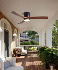 Lysdianpu Nordic Indoor Ceiling Fan Light in a porch setting, featuring wooden blades and an opal glass shade for soft lighting.