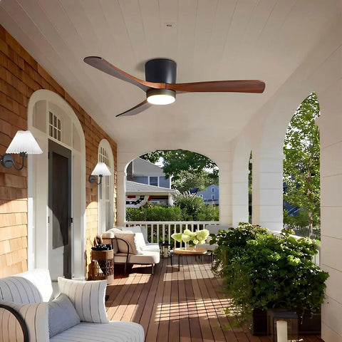 Lysdianpu Nordic Indoor Ceiling Fan Light in a porch setting, featuring wooden blades and an opal glass shade for soft lighting.
