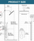 Diagram of Matte Black Rain Shower System With Wall Mount, 8 Inch Square High Pressure Rain Shower Head, ABS 3-Function Handheld Sprayer.