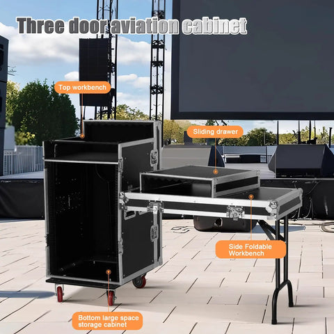 Slick Extra Heavy Duty 16U Rolling Rack Case With Six Smooth Casters And Two Folding Side Tables Great For DJ Mixers Studio Controllers Amplifiers Pro Gear Hauler