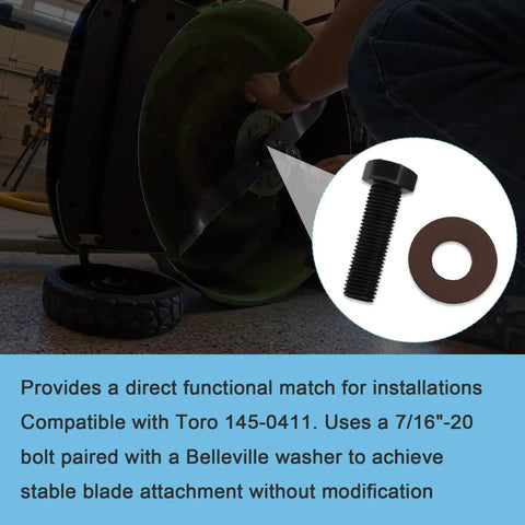 Three-Set 26-0671 Blade Bolts And Belleville Washers Toro Compatible For Walk Behind And Riding Mowers And TimeCutter ZTRs Exmark Compatible Built Tough Get It Done Easy Install Keeps Deck Tight And Rolling. Black 7/16-20 blade bolt with washer.