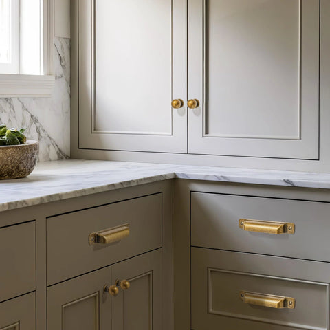 Kitchen cabinet with Antique Brass Cabinet Drawer Pulls 10 Pack Zinc Alloy Cup Pulls For Kitchen Cabinets And Dressers Center To Center Three And Three Quarters Inches Overall Length Five Point Twenty Five Inches Width Seven Eighth Inch Easy Installation