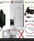 Half Overlay Black Cabinet Hinges 36 Pack Self Closing Heavy Duty Soft Close Kitchen Cabinet Doors showing different hinge types and uses.
