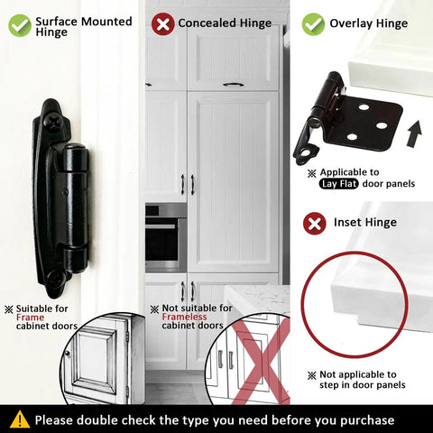 Half Overlay Black Cabinet Hinges 36 Pack Self Closing Heavy Duty Soft Close Kitchen Cabinet Doors showing different hinge types and uses.