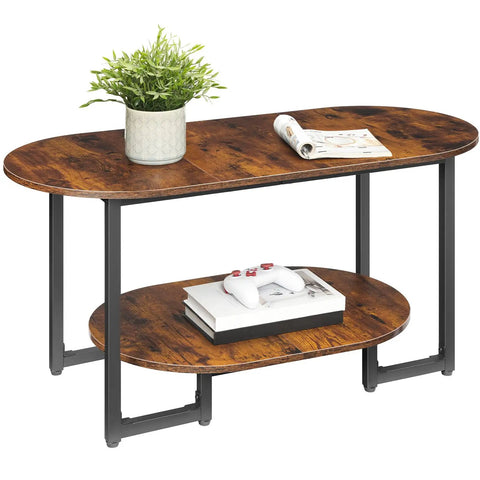 Oval Wood Coffee Table With Dual Open Storage Shelves Chill Farmhouse Vibe For Cozy Living Rooms And Home Offices Rustic Brown Finish with plant and magazines.