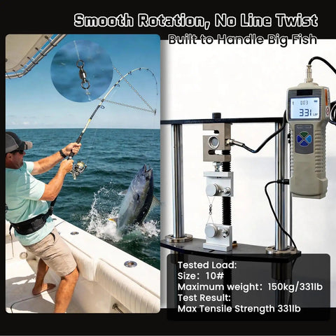 Ball Bearing Fishing Swivels 30/50 Pack For Saltwater And Freshwater, Smooth 360 Rotation Reduces Line Twist, Dope Pro-Grade Upgrade For Faster, Smoother Retrieves And Fewer Tangles, Heavy-Duty Stainless Steel Build For Every Angler. Angler fighting fish