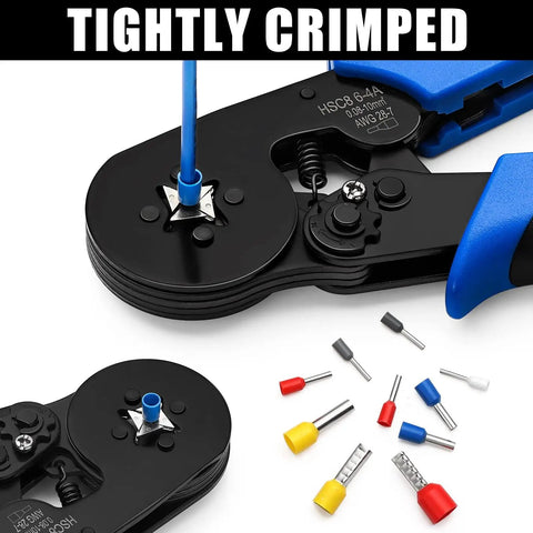Self Adjusting Ferrule Crimping Tool Kit With 1200 Wire Terminals AWG 28 8 Auto Ratchet Crimper close-up with colorful terminals