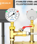 Front view of a 0-100 psi stainless steel liquid-filled pressure gauge with a 2.5-inch dial mounted on brass fittings.