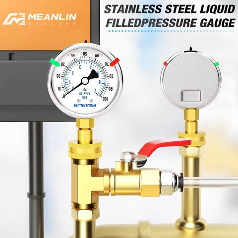Front view of a 0-100 psi stainless steel liquid-filled pressure gauge with a 2.5-inch dial mounted on brass fittings.